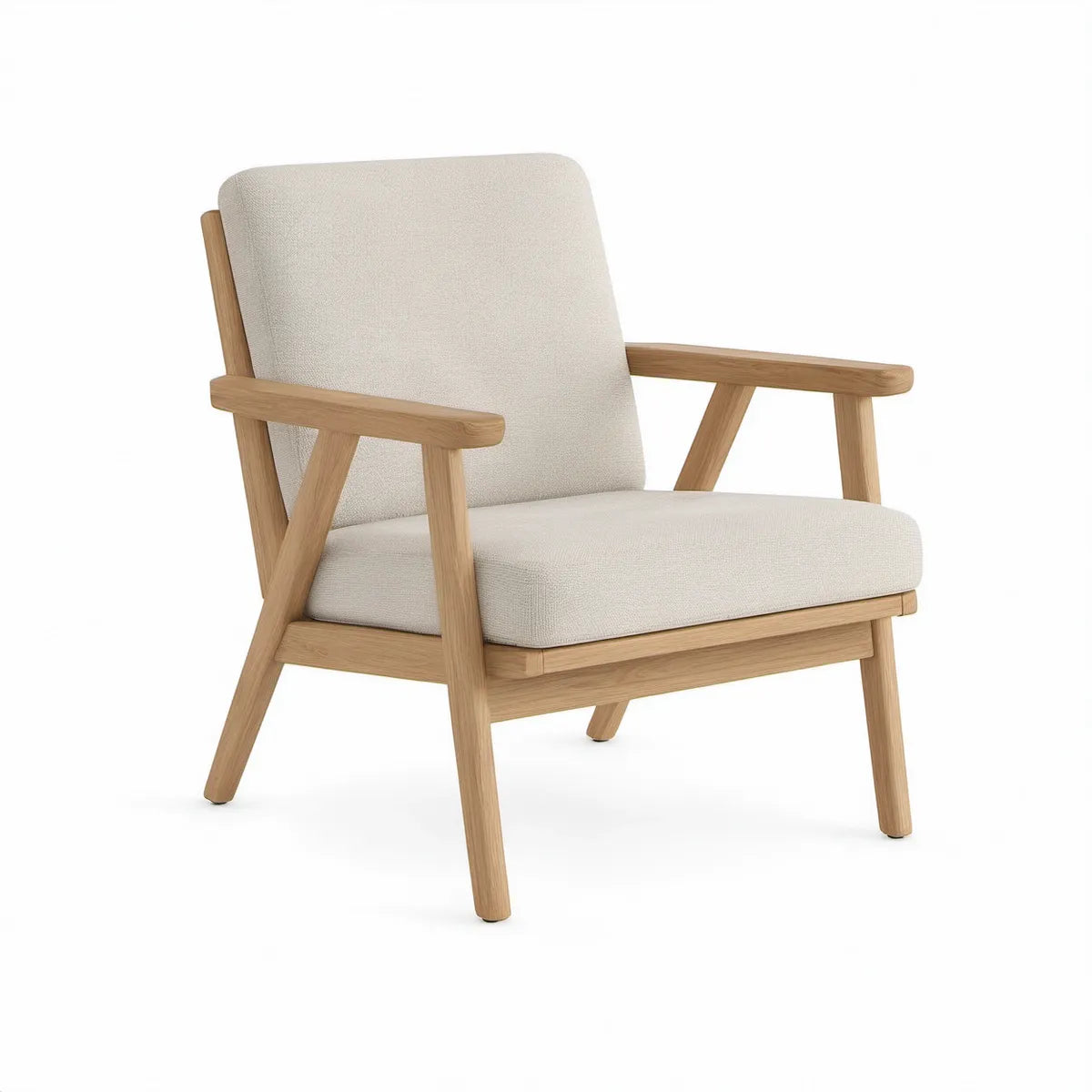 Lænestol med armlæn i massivt egetræ og beige polyester, 70 x 78 x 82 cm