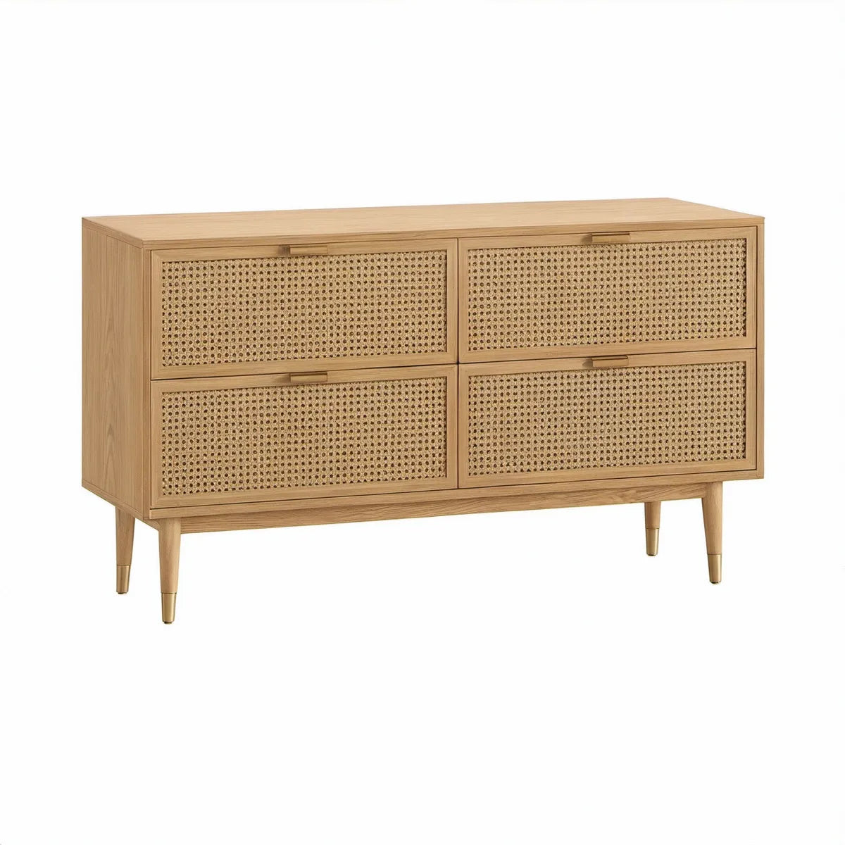Skænk med 4 låger i egetræsfinér og naturfarvet rattan, 120 x 40 x 75 cm