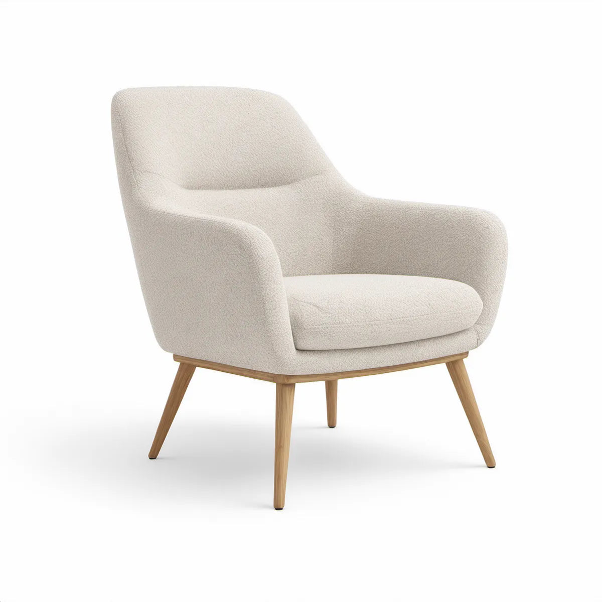 Buet lænestol med armlæn i cremefarvet bouclé og massiv gummitræ, 76 x 78 x 85 cm