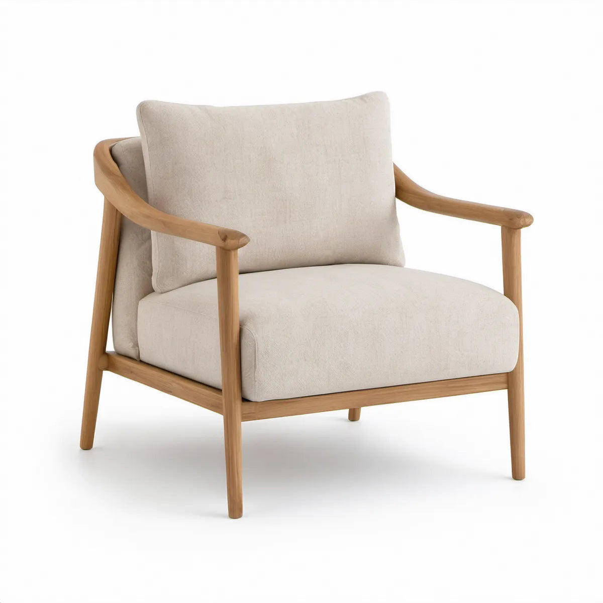 Lænestol med armlæn i massiv eg og beige polyesterbetræk, 72 x 78 x 80 cm
