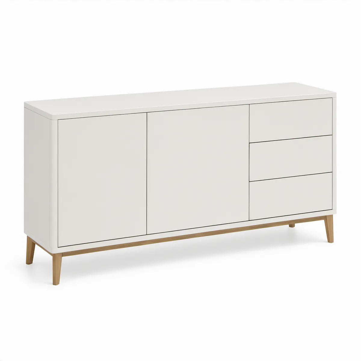 Hvid skænk med 2 låger og 3 skuffer, 160 x 45 x 90 cm, MDF og egetræ