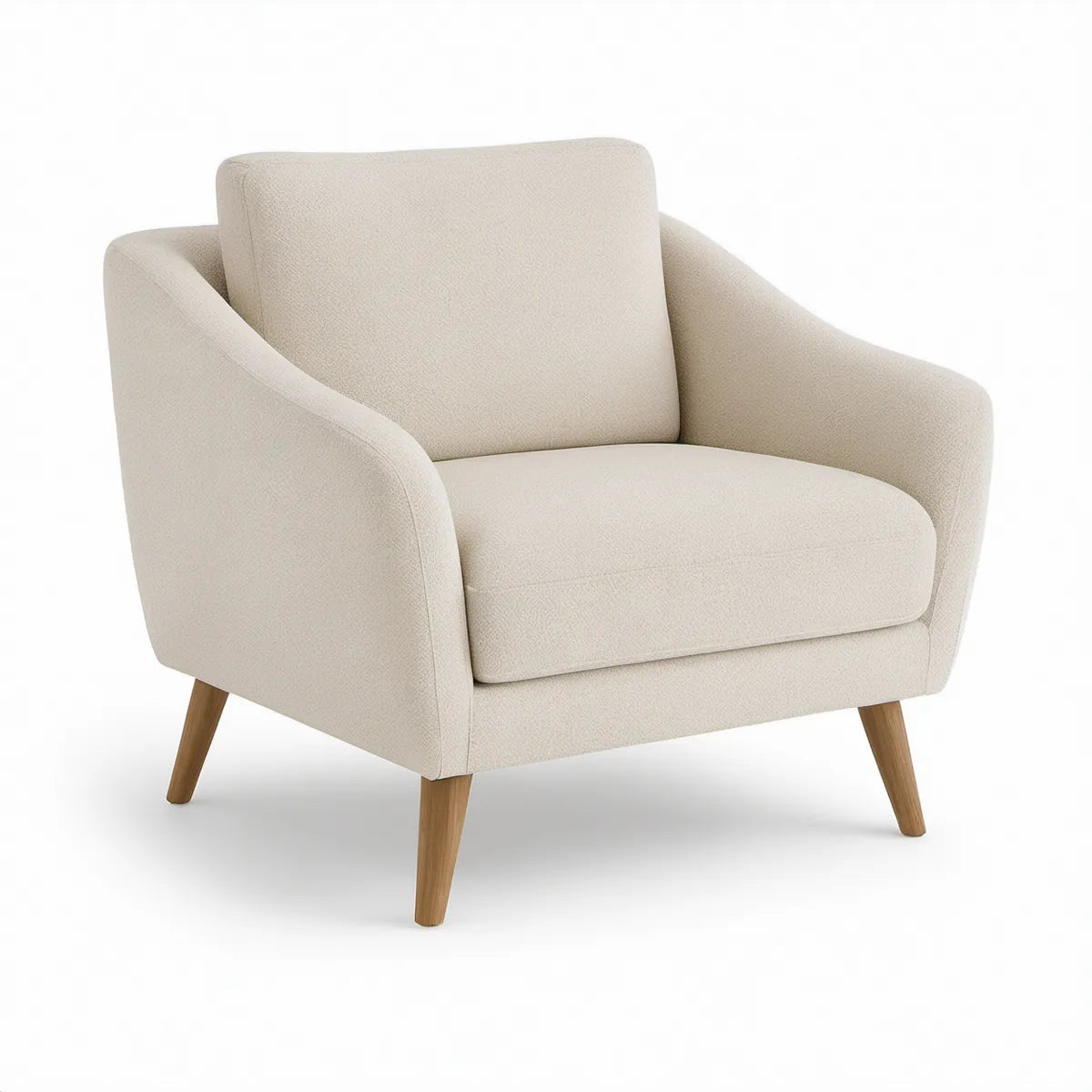 Cremefarvet lænestol i polyester med naturfarvede træben, 78 x 75 x 85 cm