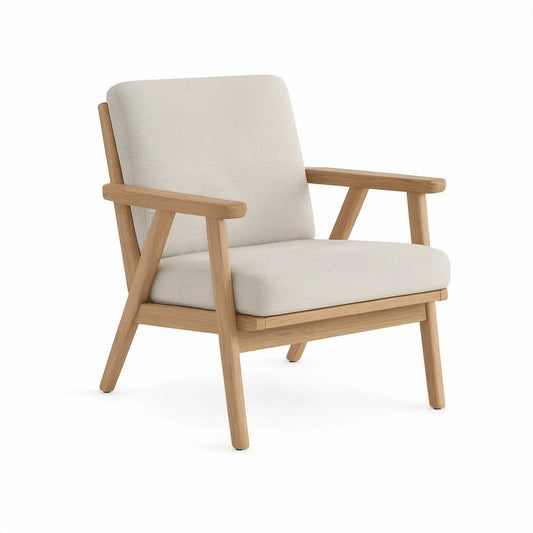 Lænestol med armlæn i massivt egetræ og beige polyester, 70 x 78 x 82 cm