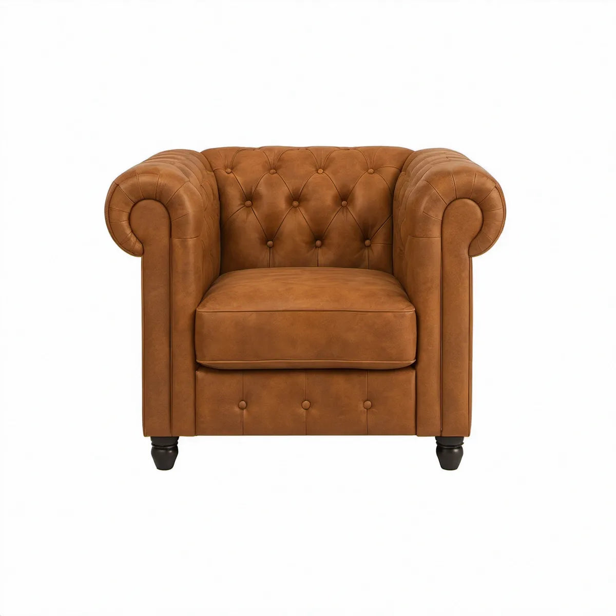 Chesterfield-lænestol i cognacbrunt kunstlæder med sorte ben, 110 x 90 x 80 cm