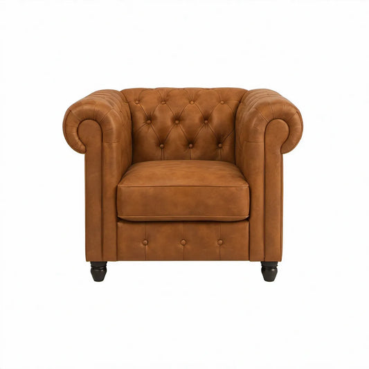 Chesterfield-lænestol i cognacbrunt kunstlæder med sorte ben, 110 x 90 x 80 cm